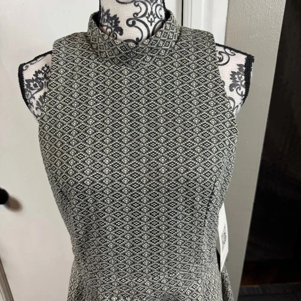 Emerald Sundae Gray Black Metallic Geometric Mock Neck Fit & Flare Dress NWT 13